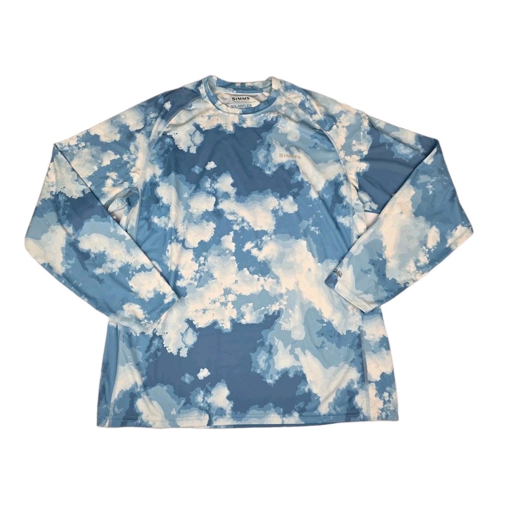 Simms Shirt Mens XL Blue Camo SolarFlex Shirt UPF 50 Fishing Long Sleeve